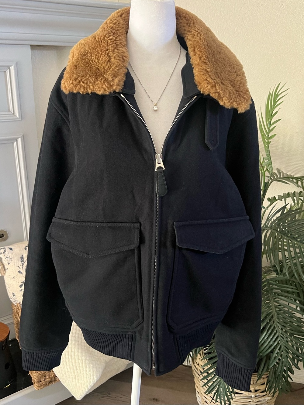 Men's Black Bomber Jacket with Tan Shearling Collar
